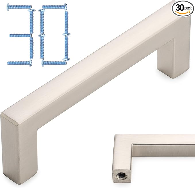 KOOFIZO 30-Pack Solid Square Bar Cabinet Handle - Brushed Nickel Furniture Pull, 3 Inch/76mm Screwhole Distance for Kitchen Cupboard Door, Bedroom Dresser Drawer, Bathroom Wardrobe Hardware