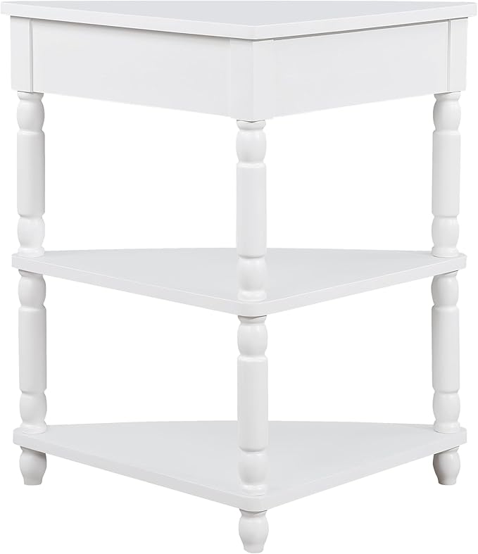 GDFStudio Trmxmbi 3 Tier Corner Console Table with 1 Storage Drawers and Shelves, 33.8'' Rustic Wood Triangle Sofa End Table for Small Spaces, Solid Wood Legs, Milk White
