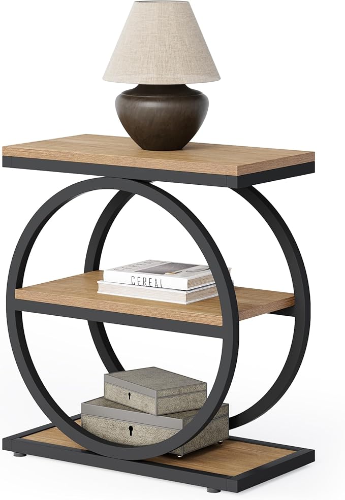 LITTLE TREE 3-Tier End Table, Side Table with Storage Shelves, Small Sofa Side Table for Living Room, Wooden Side End Table with Double Round Metal Legs, Slim Nightstand and Bedside Table, Oak