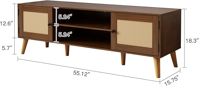 TV Stand for TVs up to 65 inches, Rattan Grain Finish Panel with 2 Storage cabinets, Modern Minimalist Style, Living Room, Audio-Visual Room for Multiple Rooms,3 Colors Available (Walnut)