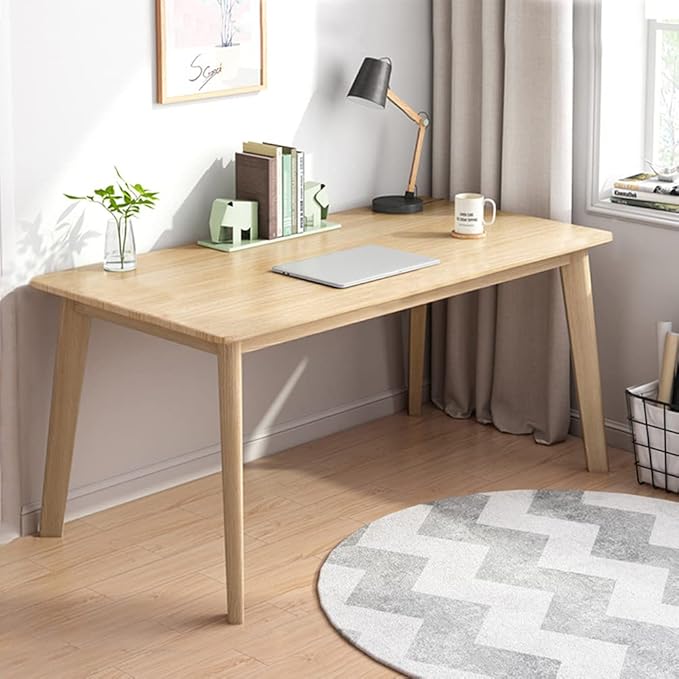 IOTXY Simple Wooden Writing Desk - Modern Minimalist Style PC Laptop Computer Workbench with Solid Wood Legs, 55" W Home Office Work Table for TV Stand Music Video Live Broadcast Workstation, Oak