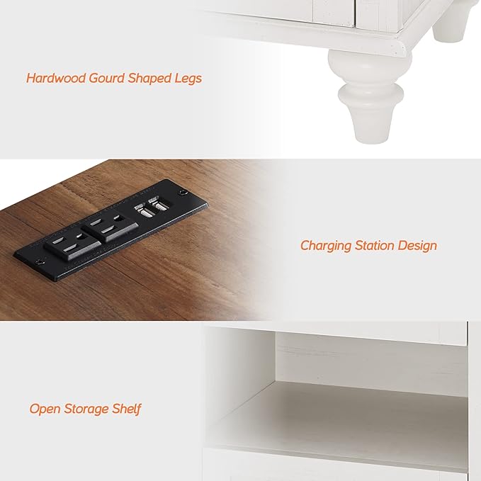 WAMPAT White Side Table with 2 Drawers & Charging Station, Mid Century Nightstand for Bedroom with Power Outlets & USB Ports, Wooden Bedside Table Night Stand with Shelf for Living Room, Antique White