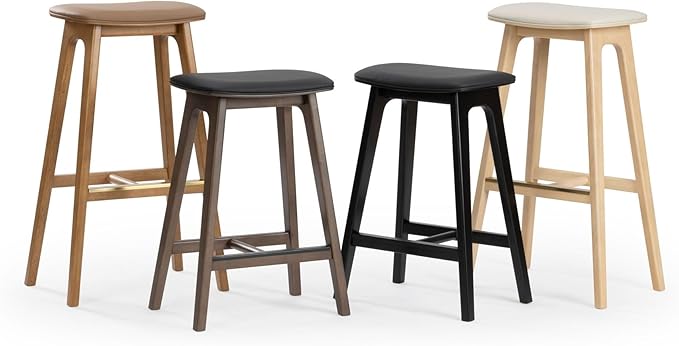Plank+Beam Beryl Bar Height Stool - Mid-Century Modern Rubberwood Bar Stool with Faux Leather Seat, Metal Footrest, Easy Assembly, Blonde/Sesame