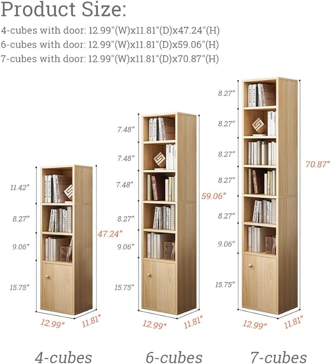 IOTXY Small Narrow Corner Bookcase - 59" Tall Free Standing Gap Storage Cabinet, 6 Lattices Open Shelves Tower Rack with Door, Cubes Bookshelf, White