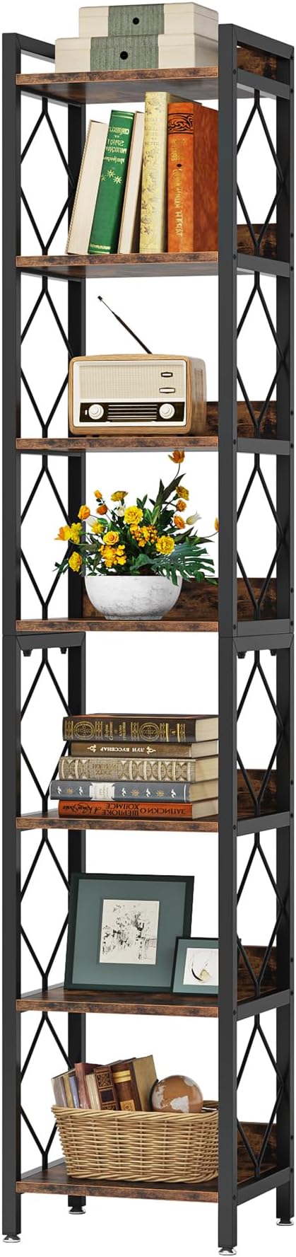 Tribesigns 78.7 Inch Extra Tall Narrow Bookshelf, 7 Tier Skinny Bookcase for Small Spaces, Freestanding Display Shelves, Multifunctional Corner Storage Organizer for Home Office, Rustic Brown
