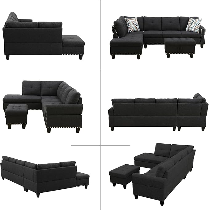 L Shaped Modular Sectional Sofa with Reversible Chaise Lounge, 5-Seater Corner Couch, Linen Upholstery Convertible Sofá w/Movable Ottoman, Cup Holders, 2 Pillows and Rivet Ornament for Living Room