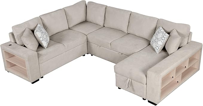 109" U-shaped Sectional Pull-out Sofa Bed with Storage Chaise,2-in-1 Convertible Couch W/ 4 Back Pillow & 2 USB Ports,Luxurious Sleeper Furniture Set for Living Room Large Space,Beige Chenille