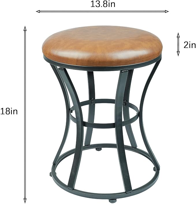 Vanity Stool Chair, Modern Dressing Stool for Makeup Vanity with Black Legs - Backless - Ottomans Round Seat, for Makeup Room, Bedroom, Bathroom, Living Room Accent Furniture Leather Brown