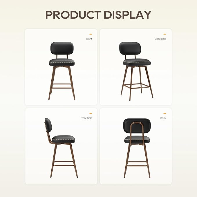 Swivel Bar Stools Set of 4, Mid Century PU Leather Counter Height Bar Chairs with Low Back and Metal Legs, Modern Bar Stool Chair for Kitchen Island, Black