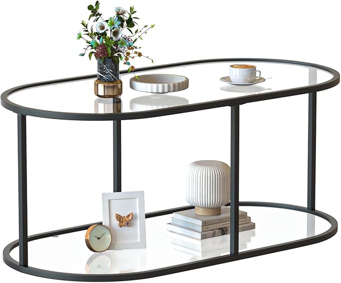 Coffee Table Black Glass Coffee Table for Living Room,2 Tiers Oval Center Table with Sturdy Metal Frame,Modern Tempered Glass Accent Table for Bedroom Home Office
