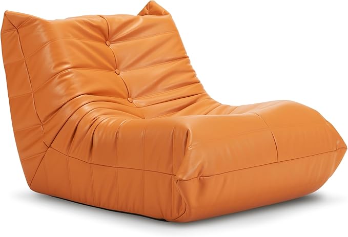 Hobestluk Giant Bean Bag Chair Lazy Floor Sofa, Memory Foam Fireside Sofa for Adults, Big Beanbag Faux Leather Armless Chair for Living Room Bedroom Dorm Office (Orange, Single)
