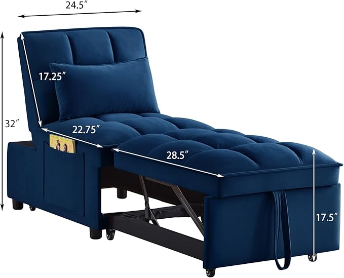 KEIKI Velvet Single Convertible Sleeper Chair Sofa Bed with Adjustable Backrest, Pillows & Storage Pockets, 3 in 1 Pull-Out Couch Chaise Lounge Recliner for Living Room Balcony Bedroom, Navy