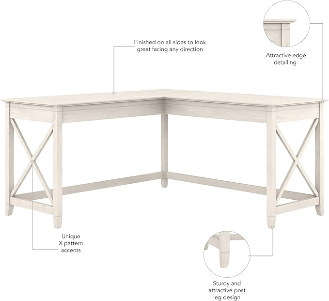 Bush Furniture Key West 60W Modern Farmhouse L Shaped Desk in Linen White Oak | 60-Inch Corner Table for Home Office