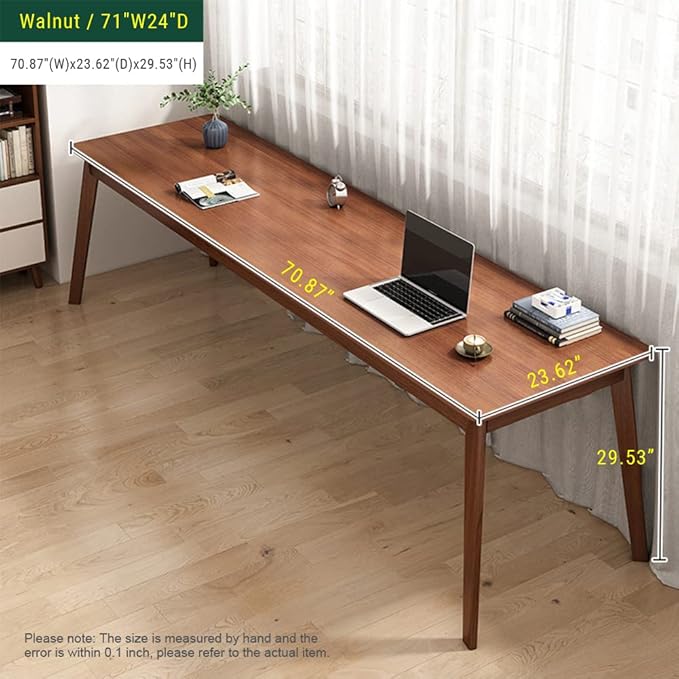 Mid-Century Long Desk Table - 71" Simple Modern Extra Long 2-Person Wood Computer Workstation for Home Office Work in Walnut, 71" W x 24" D