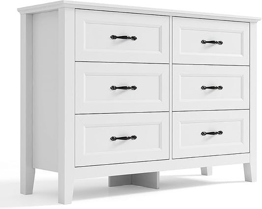 LINSY HOME 6 Drawers Dresser for Bedroom, 47" Wide Wooden Storage Chest with Antique Handles, Modern Farmhouse Dresser TV Stand with Wood Legs for Closet, Living Room, Hallway, White