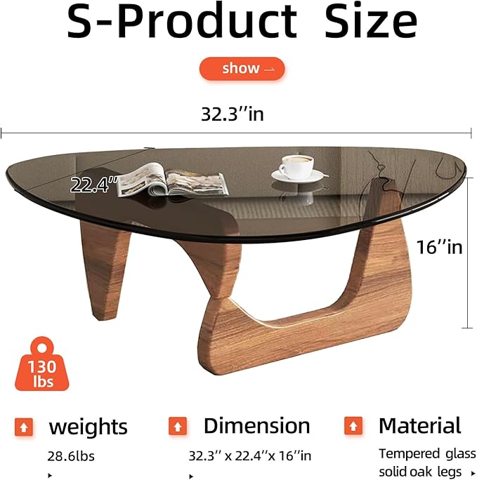 Mid Century Modern Glass Coffee Table, Small Coffee Table for Living Room, Elegant and Functional Coffee Tables Suitable for Bedroom Living Room Reception Office Tables（Walnut/Grey，Small）