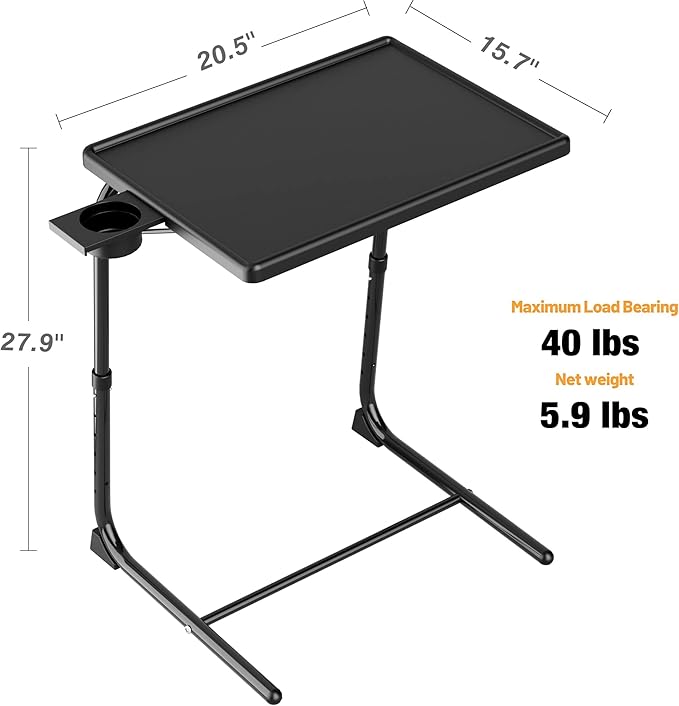 Allpop TV Tray Table, TV Dinner Tray for Eating Set of 2, Adjustable Folding Laptop Table with 6 Heights & 3 Tilt Angles, Cup Holder on Couch & Bed, Black
