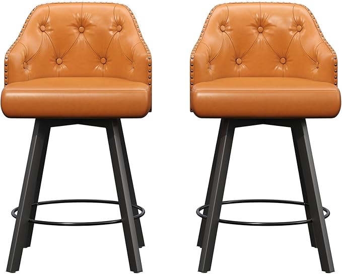 Tatub 26“ Brown Swivel Bar Stools Set of 2, Counter Height Bar Stools with Back, Upholstered Faux Leather Kitchen Barstools Counter Height for Kitchen Island