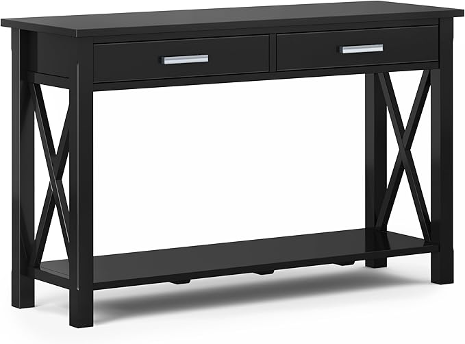 SIMPLIHOME Kitchener Console Table - 47 Inch Wide Solid Wood Sofa Table in Black, Contemporary Storage Table for Entryway or Living Room with 2 Drawers, Bottom Shelf, and X-Design Side Panels