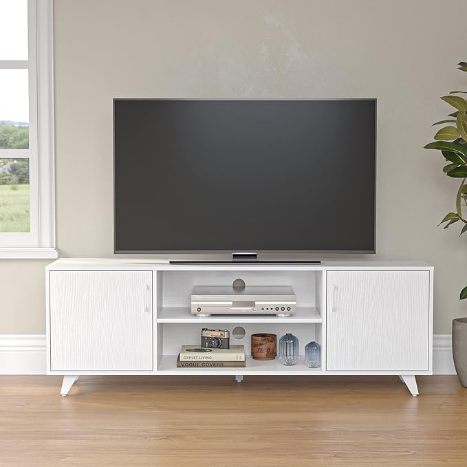 Panana Mid Century TV Stand Entertainment Center with 2 Doors, Wooden Medial Console Table for Living Room Furniture, 53.5" x 15" x 21.7" (White)