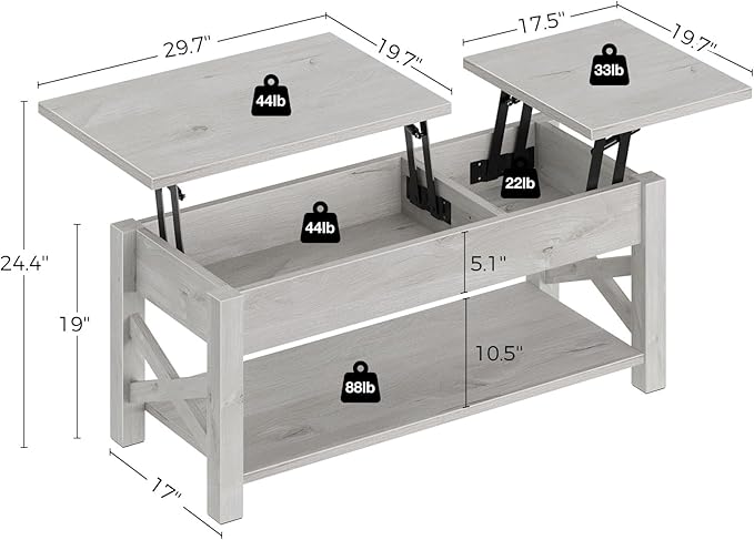 Rolanstar 47.2" Lift Top Coffee Table with Hidden Compartment, 2 Way Lift Top Coffee Table with Open Shelf & X Wooded Support, Farmhouse Center Table for Living Room, Grey