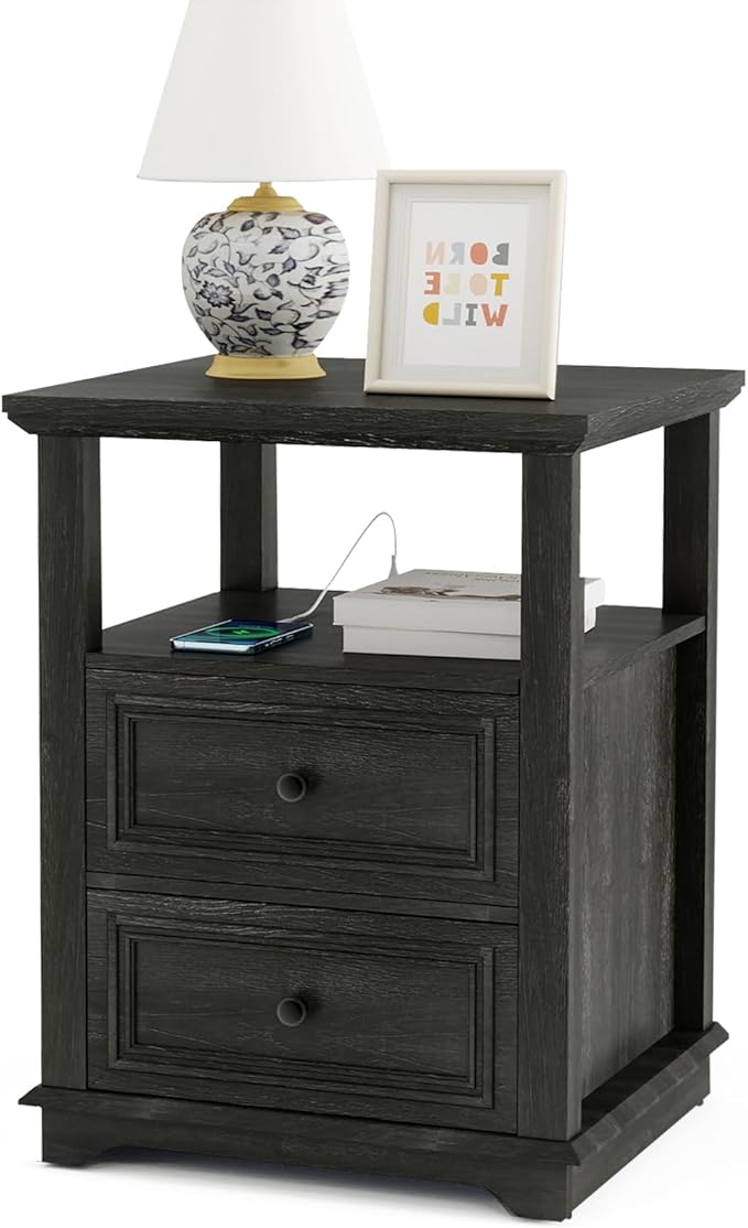 Vipbear Farmhouse Nightstand 18" Dark Gray End Table with Charging Station & 2 Drawers, Rustic Bedside Table with Storage Shelf for Bedroom, Living Room,18.1" D x 18.1" W x 24.2" H