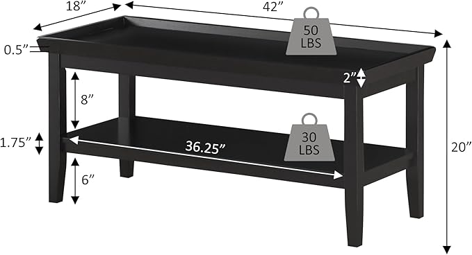 Convenience Concepts Ledgewood Coffee Table 42" - Modern Center Room Accent with Storage Shelf for Transitional, Traditional Living & Family Room, White