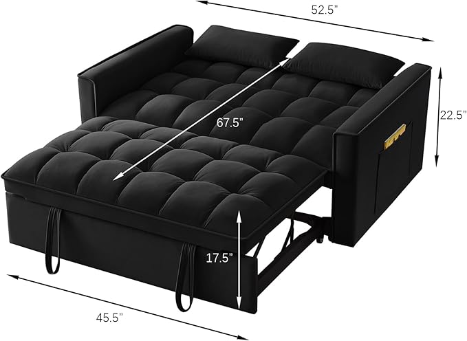 KEIKI Velvet Loveseat Convertible Sofa Bed Sleeper Chair with Adjustable Backrest, Pillows & Storage Pockets, 3 in 1 Pull-Out Couch Chaise Lounge Recliner for Living Room Balcony Bedroom, Black