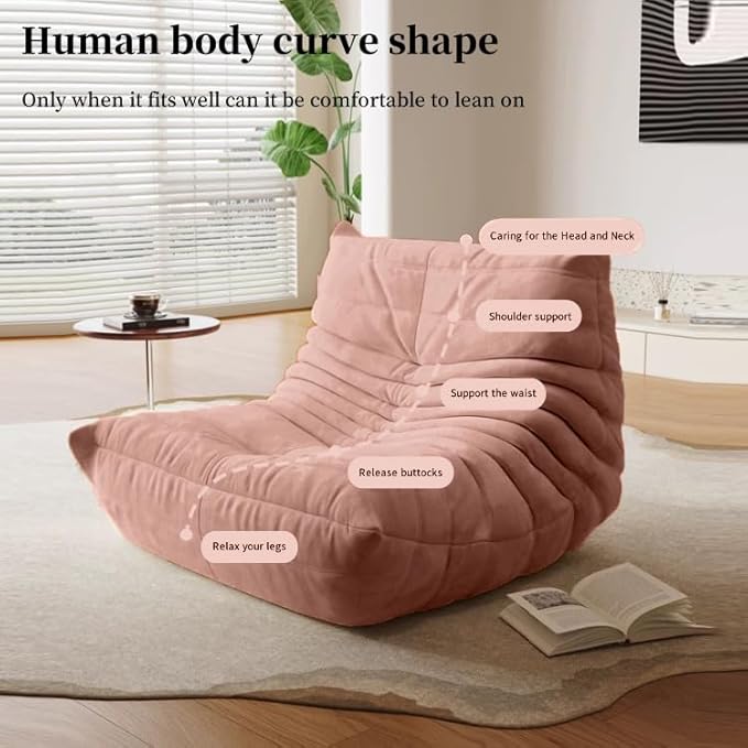 Bean Bag Chair - Memory Foam Bean Bag Chair for Adults, Comfy High-Resilience Single Sofa, Small Space Floor Chair, Chaise Lounge for Living Room, Bedroom (Pink, Wrinkles)
