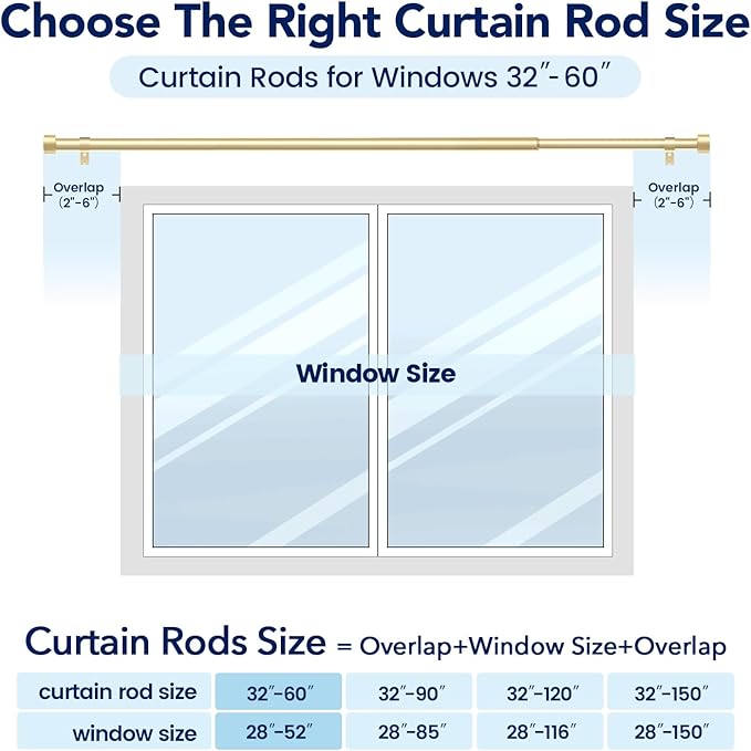 2 Pack Curtain Rods for Windows 28 to 48 Inch(2.3-4ft), 1 Inch Gold Curtain Rods Set, Adjustable Heavy Duty Curtain Rod for Patio Bedroom Living Room, Modern Drapery Rods, Size 32"- 60"