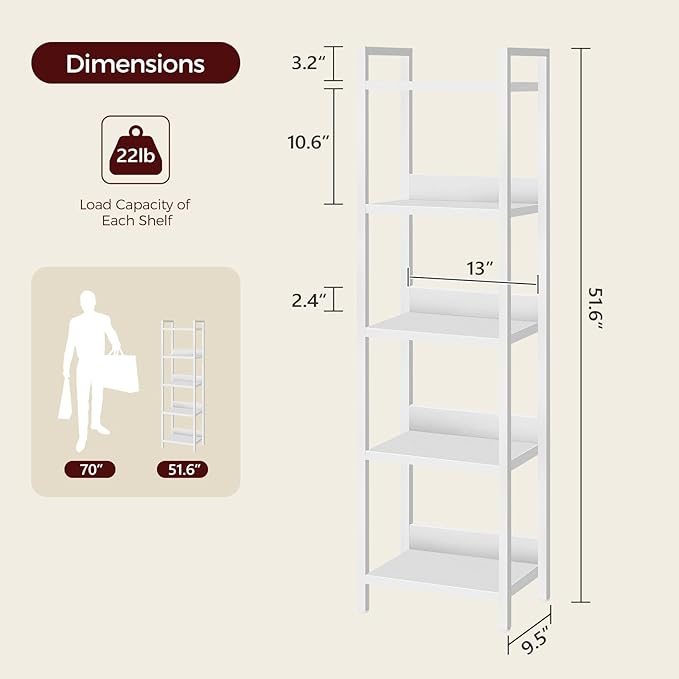 Bookshelf, 5-Tier Bookcase, Standing Book Shelf for Small Space, Storage Shelf Organizer, for Living Room, Bedroom, Study, Balcony, White BKBW5501
