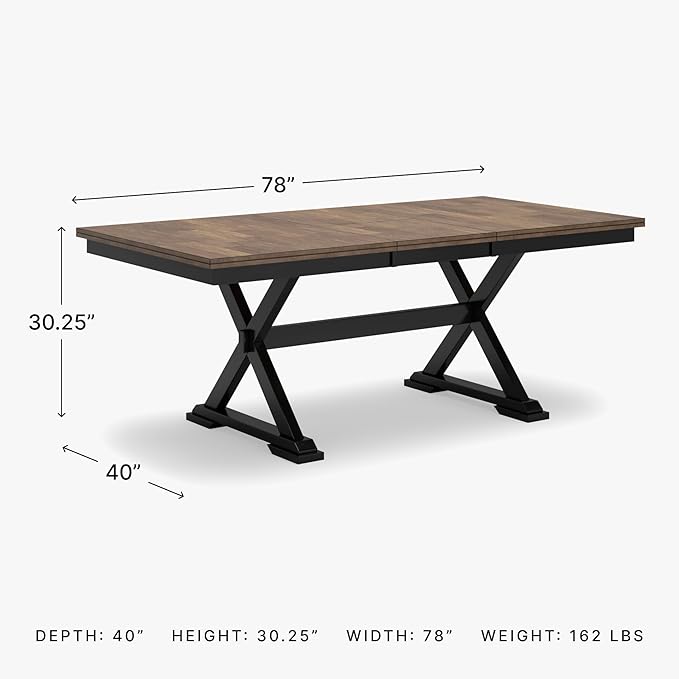 Signature Design by Ashley Wildenauer Farmhouse Dining Extension Table with Self-Storing Butterfly Leaf for 6-8 People, Black & Dark Brown