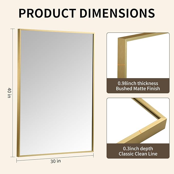 Brushed Gold Mirror, 40x30 Inch Aluminum Framed Rectangle Mirror, Anti-Rust, Tempered Glass, Square Corner Wall Mirror for Over Sink, Vanity, Bedroom, Entryway, Horizontal/Vertical