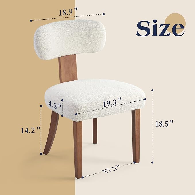 Mid-Century Dining Chair Set of 4, Upholstered Sherpa Seats with Ergonomic Curved Back and Adjustable Legs for Dining Room, Bedroom, Kitchen, White Sherpa