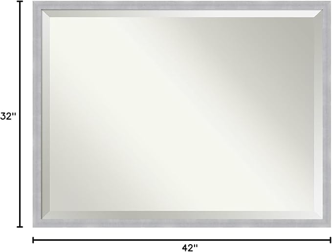 Amanti Art Silver Bathroom Mirror for Over Sink, 32x42 Grace Brushed Nickel Narrow Rectangle Vanity Mirror, X-Large Modern Frame, Hangs Horizonally and Vertically, Bathroom Wall Decor, Beveled Edge