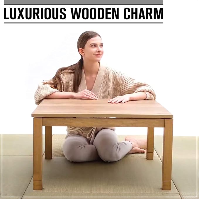 BJDesign Kotatsu - Japanese Heated Table - Wooden Chabudai Furniture with 120V Electric Heater - Low-Lying Dining and Work Desk with Temperature Control Knob (29x29in, Brown)