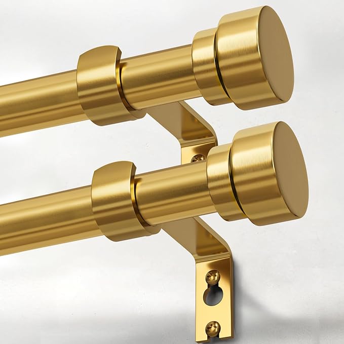 2 Pack Modern Gold Curtain Rods for Windows 48 to 84 Inches Adjustable Length Heavy Duty 1" Diameter Brass Window Curtain Rod with Solid Metal Finials for Outdoor Farmhouse Bedroom Kitchen Living Room