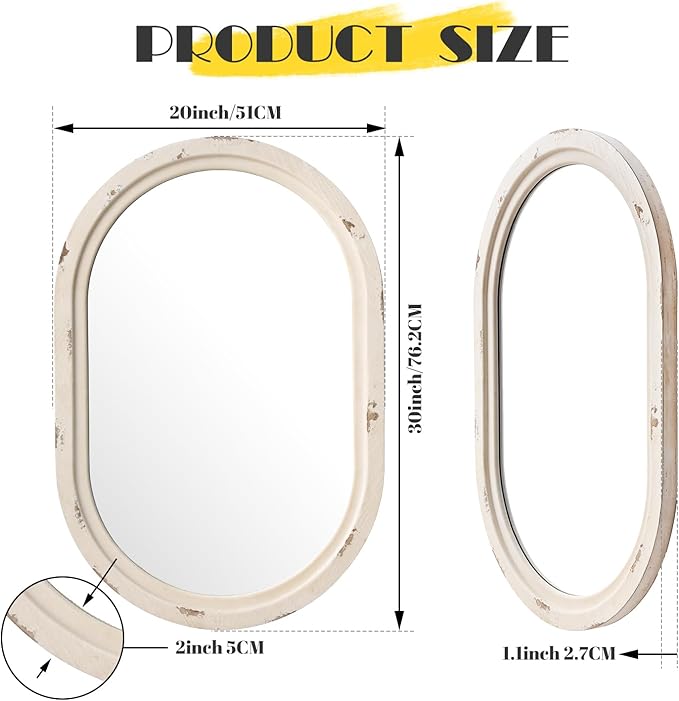 sawsile 20x30'' Rustic Oval Wood Mirror,Decorative Farmhouse Oval Mirrors,Vanity White Mirrors for Bedroom, Bathroom, Living Room,or Entryway