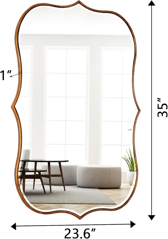 SHYFOY Antique Gold Mirrors for Wall Decor Decorative Wall Mirror Large 25" L x 36" W, Asymmetrical Wavy Accent Mirror with Scalloped Wood Frame, Bronze Farmhouse Traditional Mirror