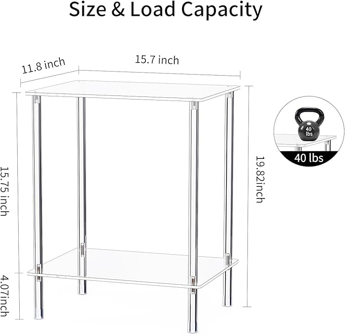 Clear Acrylic Side Table, 2-Tier End Table for Living Room, Small Modern Bedside Tables Nightstand for Bedroom, Home Decor Accent Table, 15.7" L x 11.8" W x 19.82" H, Clear