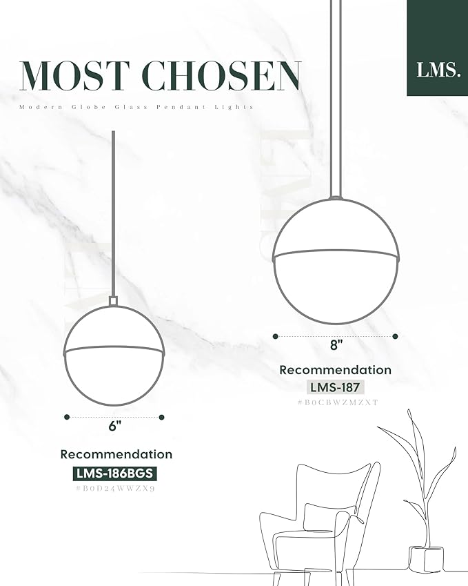 LMS Modern 1-Light Pendant Light Fixtures, Brushed Nickel Kitchen Island Pendant Light Fixtures with Clear Globe Glass, Adjustable Hanging Rod Ceiling Light for Dining Room Bathroom, LMS-186BNC