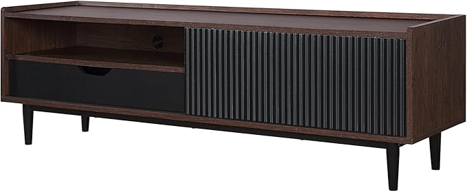 Manhattan Comfort Duane Modern Ribbed 55 Inch TV Stand with 1 Drawer, 2 Shelves, Sliding Door, and Wire Management, Mid-Century Style Entertainment Center and Media Console for Living Room, Black