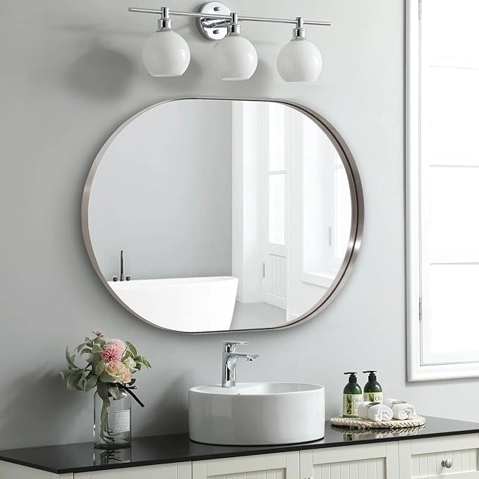 ANDY STAR Brushed Nickel Mirror Bathroom, 30x40 Inch Oval Mirrors for Bathroom, Nickel Pill Shaped Mirror in Premium Stainless Steel Metal Frame Wall-Mounted Mirror 1”Deep Hangs Horizontal/Vertical