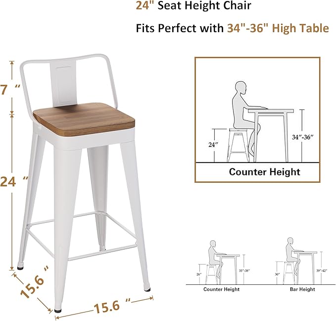 WENTMENT Metal Bar Stools Set of 4 Counter Height Stools Barstools with Removable Back 24" Kitchen Bar Stools with Wooden Seat, White
