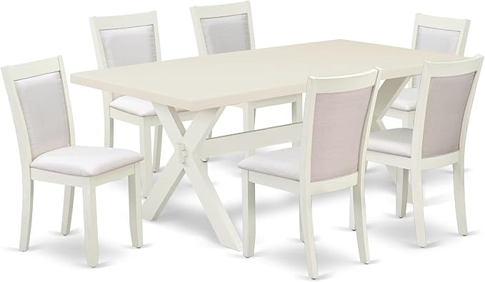 East West Furniture X027MZ001-7 7 Piece Modern Dining Table Set Consist of a Rectangle Wooden Table with X-Legs and 6 Cream Linen Fabric Parson Dining Chairs, 40x72 Inch, Multi-Color