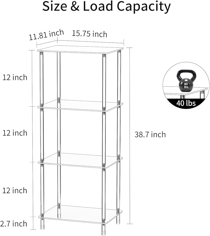 Clear Acrylic Side Table, 15.7" L x 11.8" W x 38.7" H, 4-Tier End Table for Living Room, Small Modern Bedside Tables Nightstand for Bedroom, Home Decor Accent Table JJ0011-01