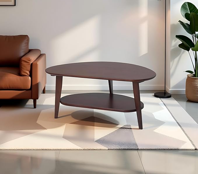 Mid Century Modern Coffee Table with Storage, 2 Tier Oval Round Coffee Tables for Living Room Home Office, FSC Certifiled 100% Solid Bamboo Wood Center Table Easy Assemble (Espresso)