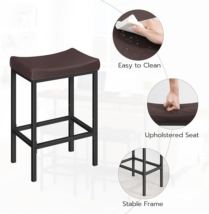 HOOBRO Bar Chairs, Set of 2 Counter Height Saddle Stools with Curved Surface, 24.8 Inches, 2.4" Thick Upholstery, for Kitchen and Dining Room, Brown and Black BC10BY01