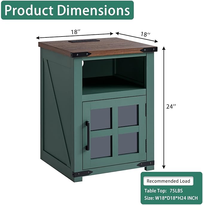 Farmhouse Nightstand with Charging Station, Rustic End Table with Tempered Glass Barn Door, Wood Sofa Side Bedside Table with Open Storage Shelf for Living Room, Bedroom, Green