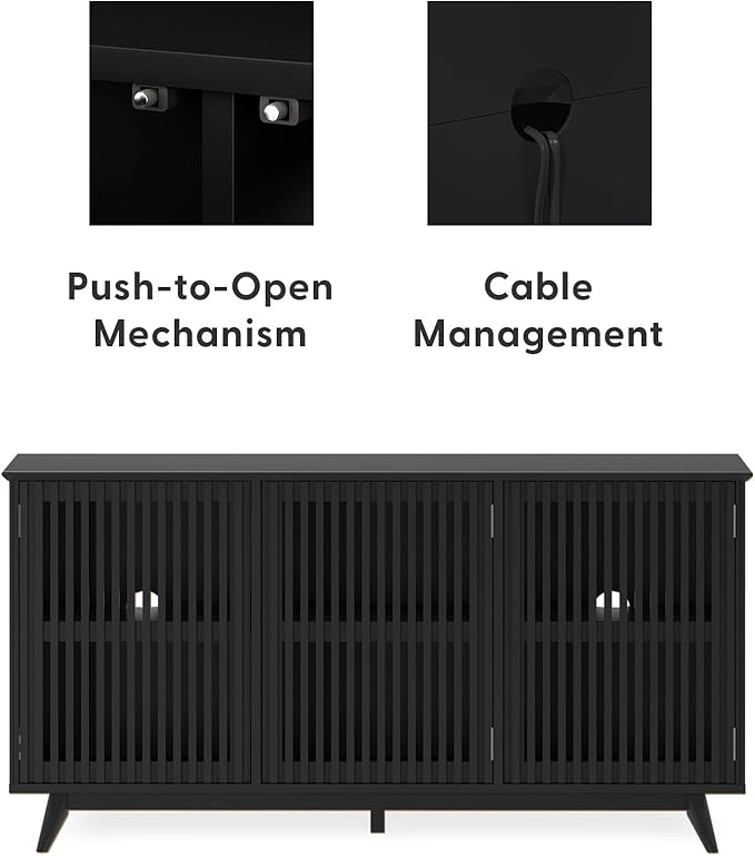 Plank+Beam Mid-Century Modern Wood TV Stand, Three Door Solid Wood Entertainment Console with Storage, 59" L x 16" W x 30" H, Black